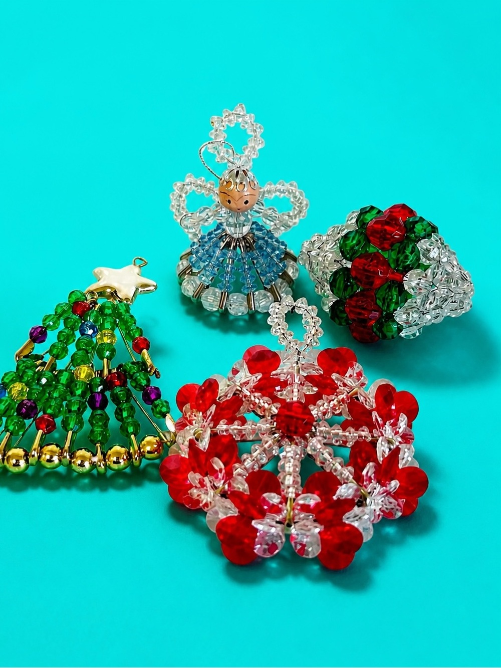 Vintage 1970s Handcrafted Safety Pin Beaded Christmas Ornament Lot of 4